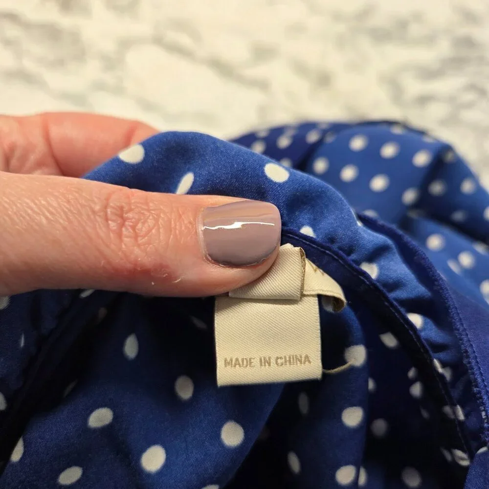 J. Crew 8 Blue White Polka Dot Sleeveless Ruffle Collar Keyhole Front Blouse